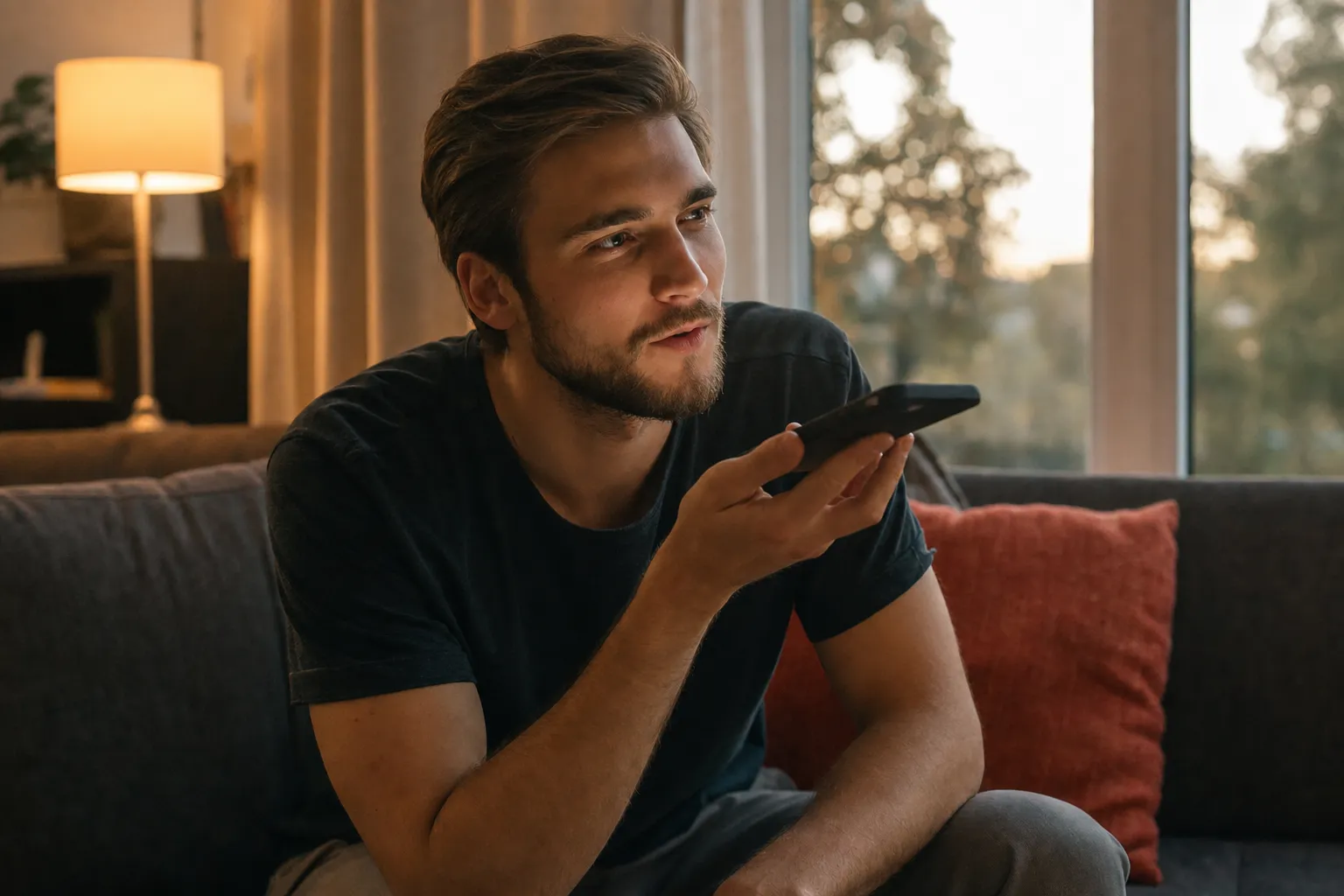 A homeowner asking their phone a question from the sofa in the evening
