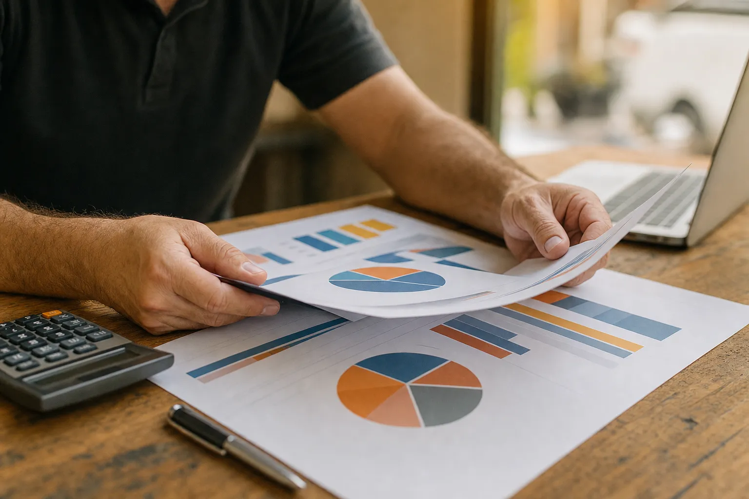 A home service business owner reviewing printed marketing budget charts at a desk