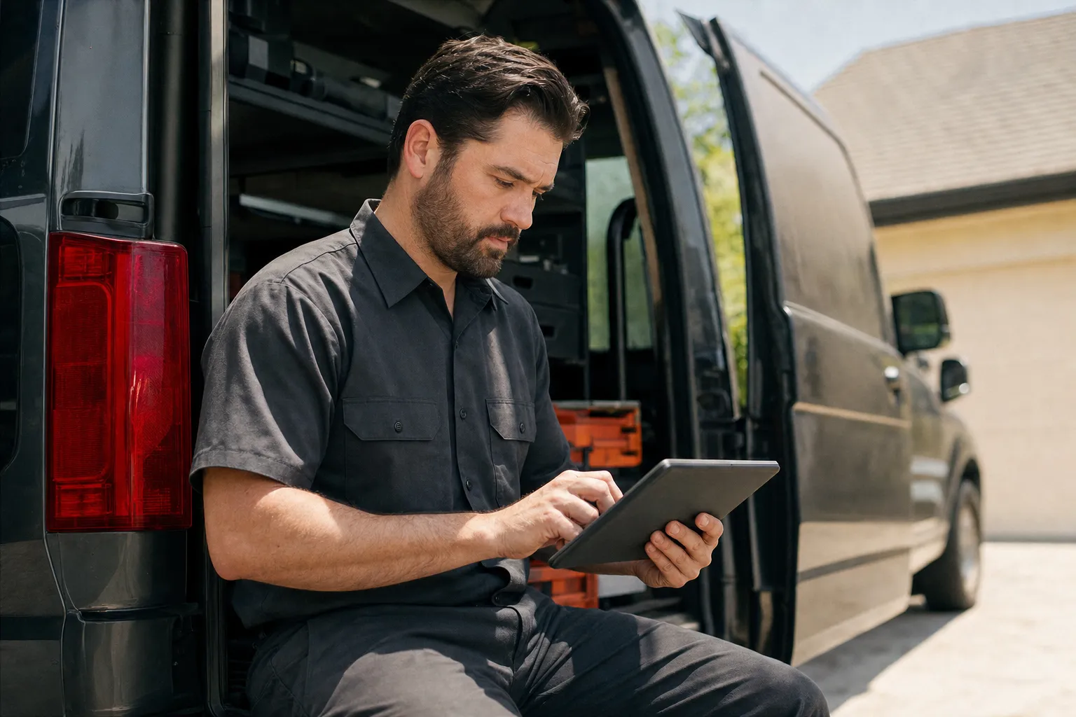 A home service technician reviewing figures on a tablet at the back of a work van