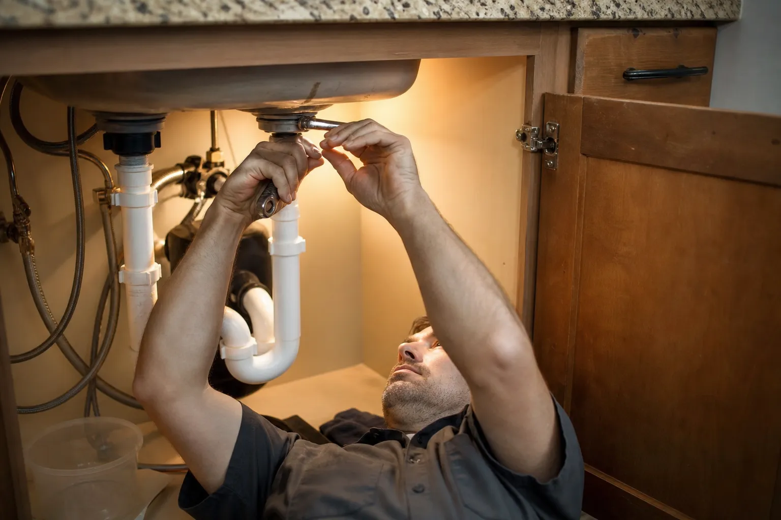 A plumber working under a kitchen sink, tightening a fitting with a wrench