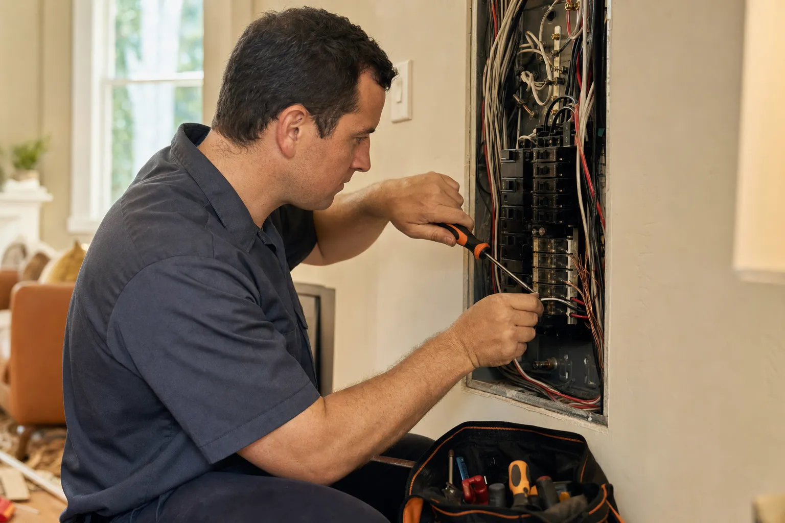 A residential electrician working on an open electrical panel inside a home