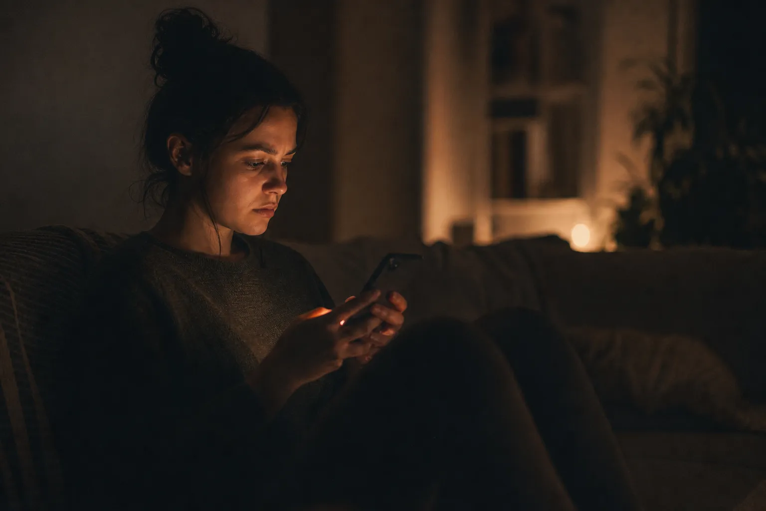 A person on a couch at night lit by the glow of their phone screen