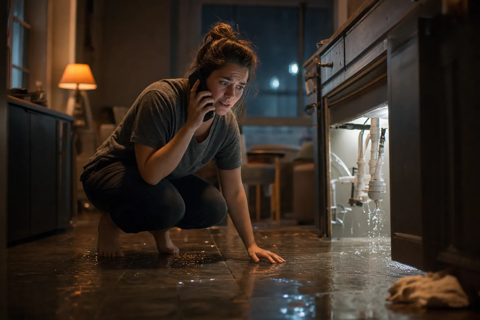 A homeowner making an urgent phone call on the floor beside a leaking pipe at night