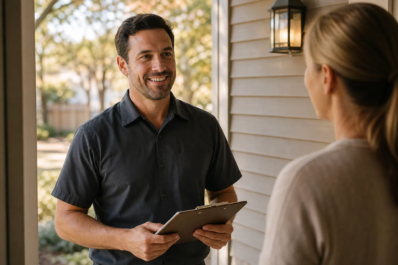 A home service technician in a plain work shirt greeting a homeowner at the front door