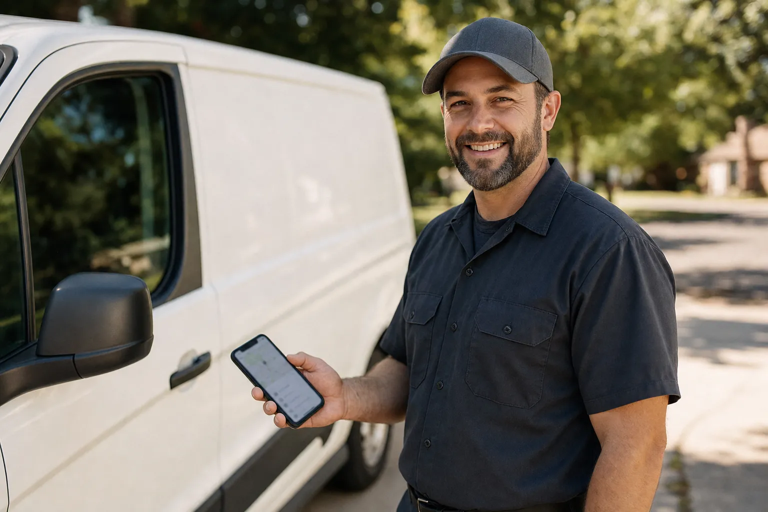 A home service technician by a work van checking a business listing on a smartphone