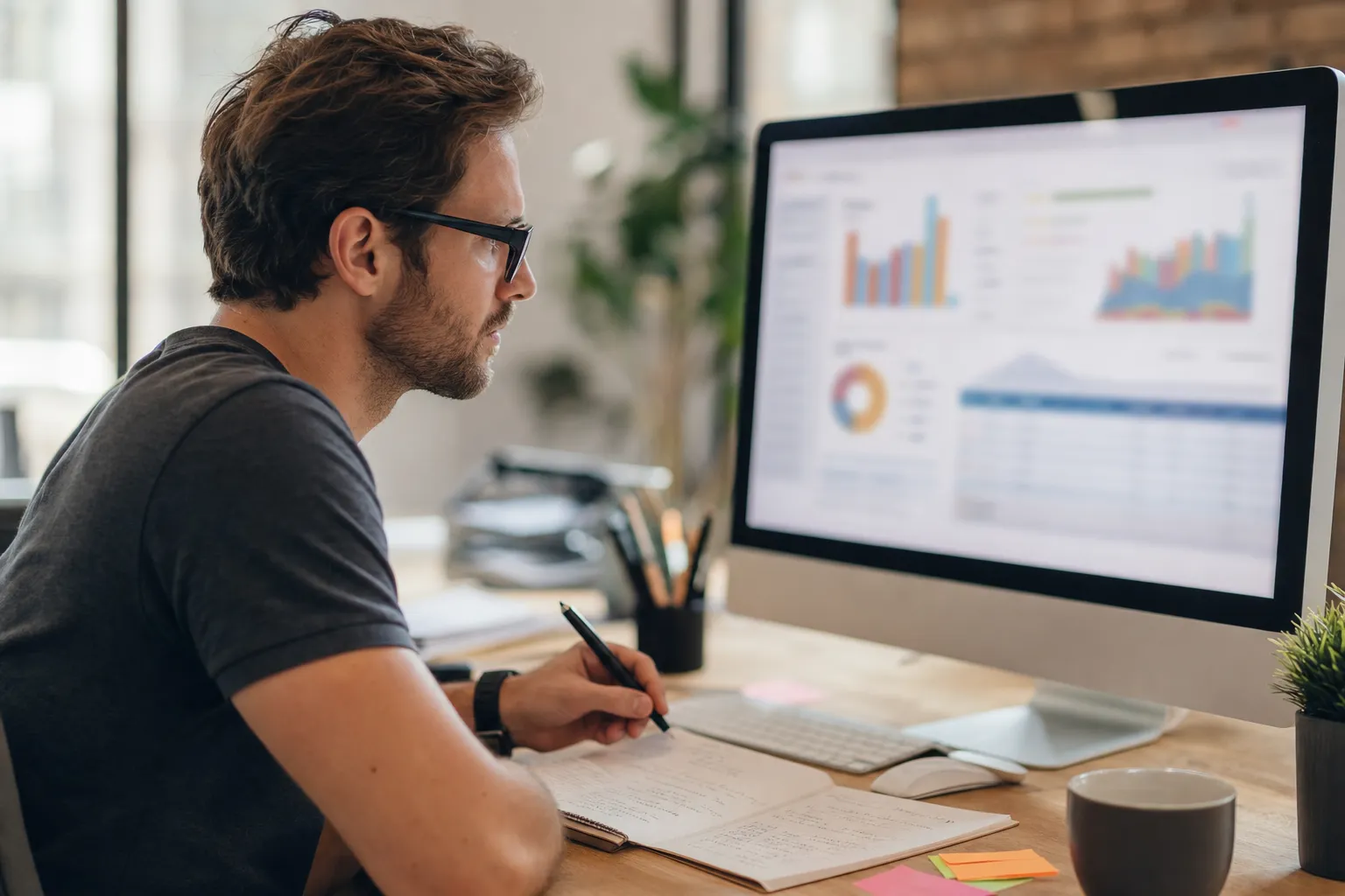 A marketing analyst studying competitive analytics dashboards on a desktop monitor