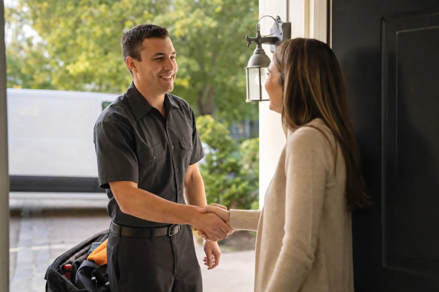 A home service technician shaking hands with a homeowner at the front door