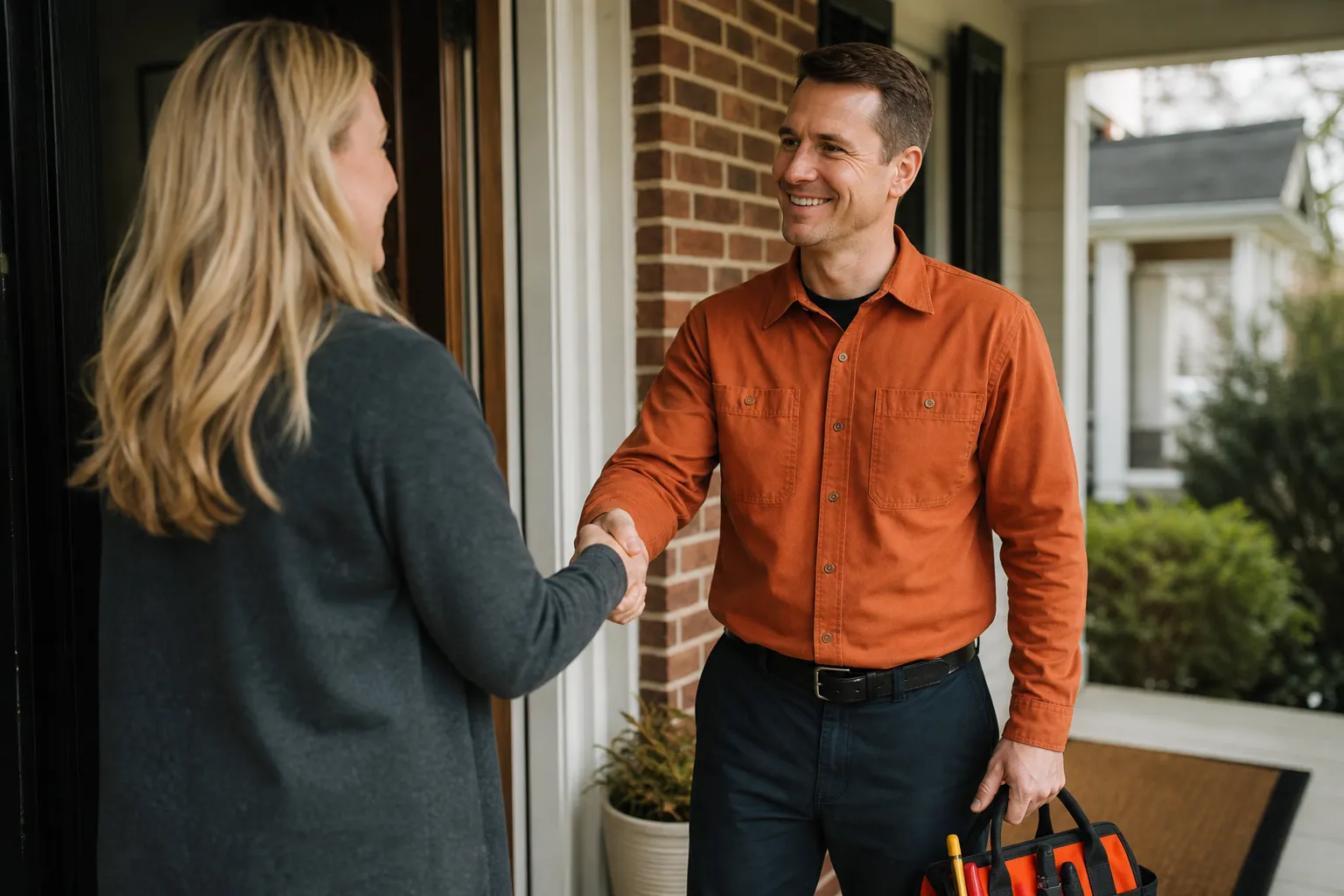 A home service technician being thanked by a satisfied homeowner at their front door