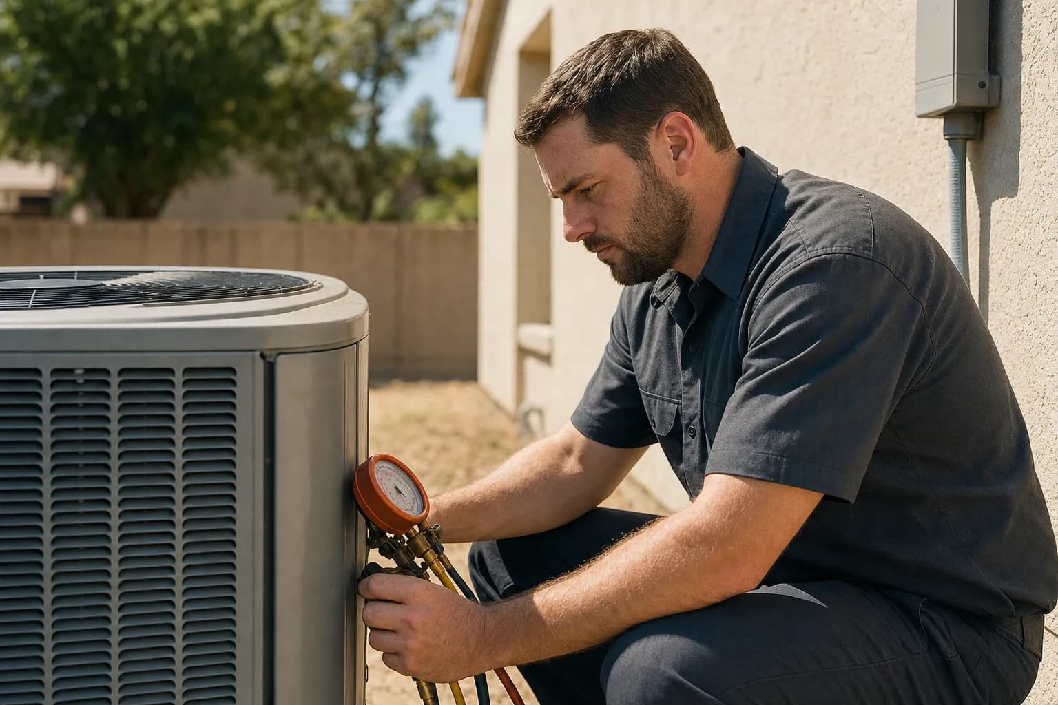 An HVAC technician checking an outdoor air conditioning condenser unit at a home in summer