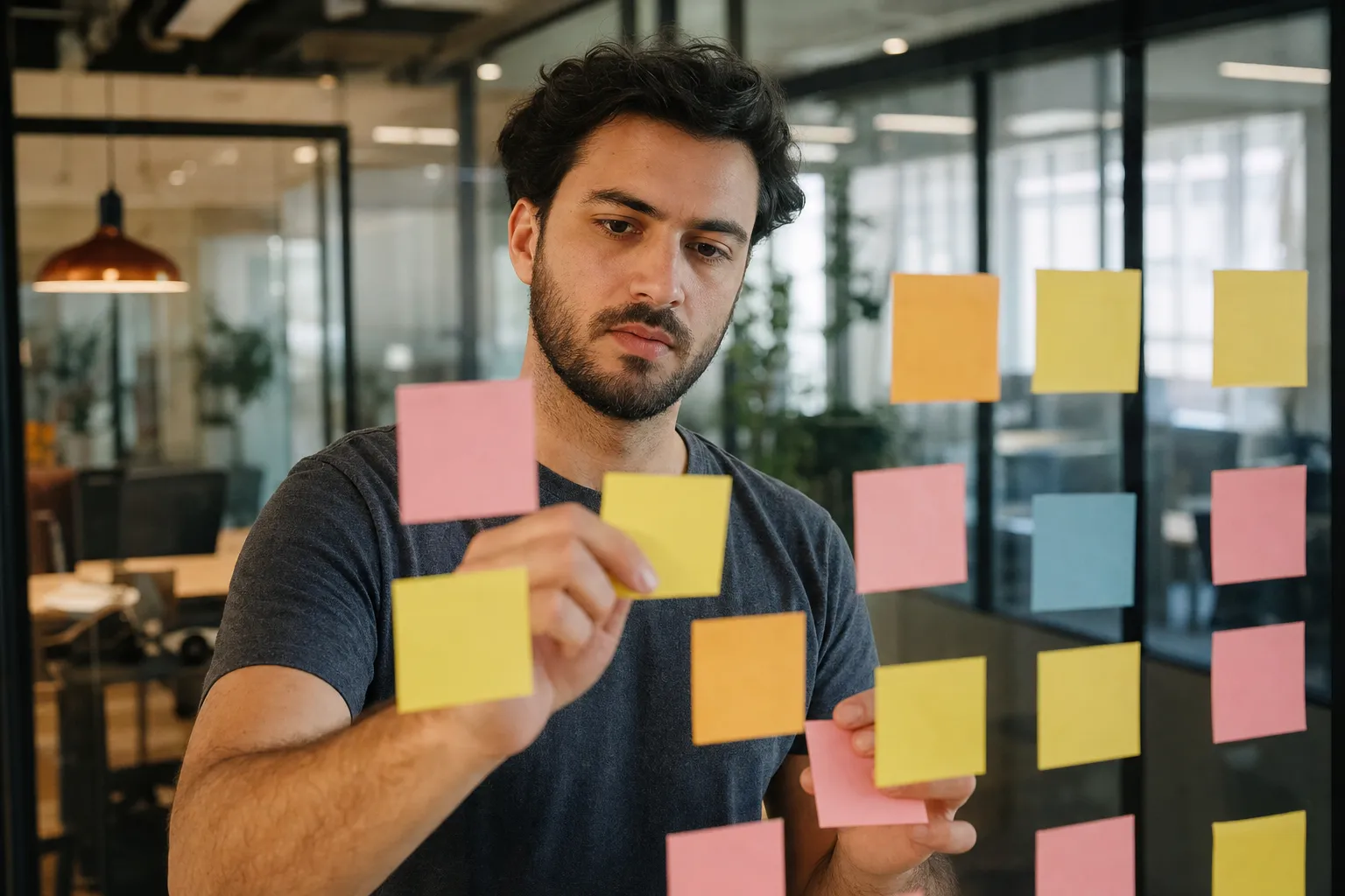 A marketer grouping colorful sticky notes on a glass wall while planning a keyword strategy