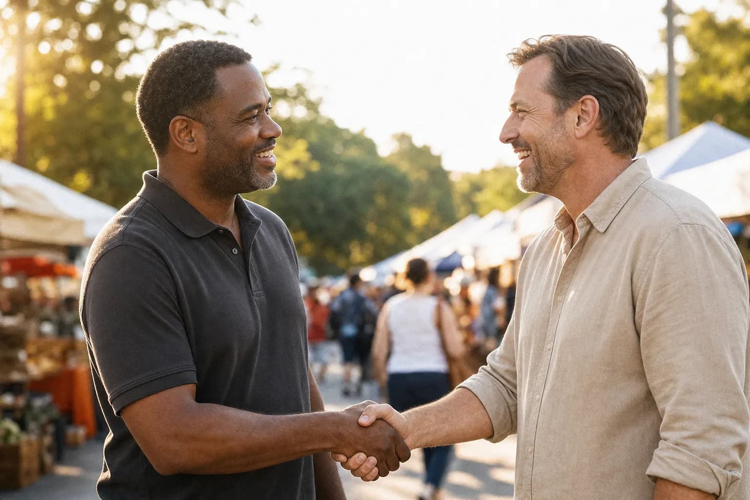 Two local small-business owners shaking hands at an outdoor community event