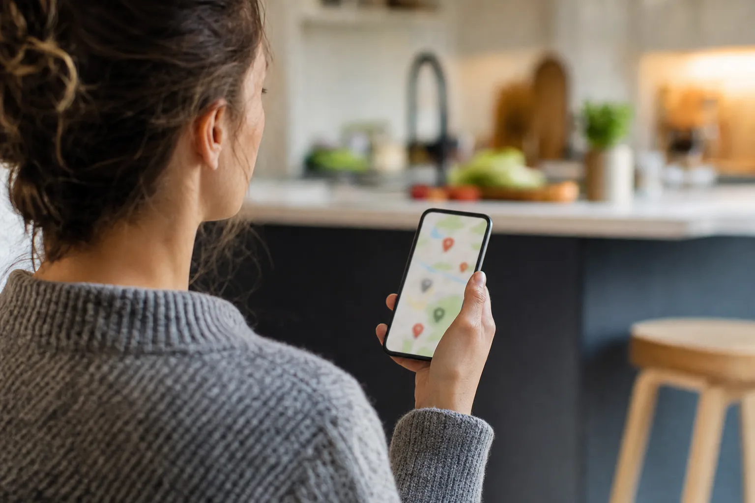 A homeowner viewing a map with location pins on a smartphone in a kitchen