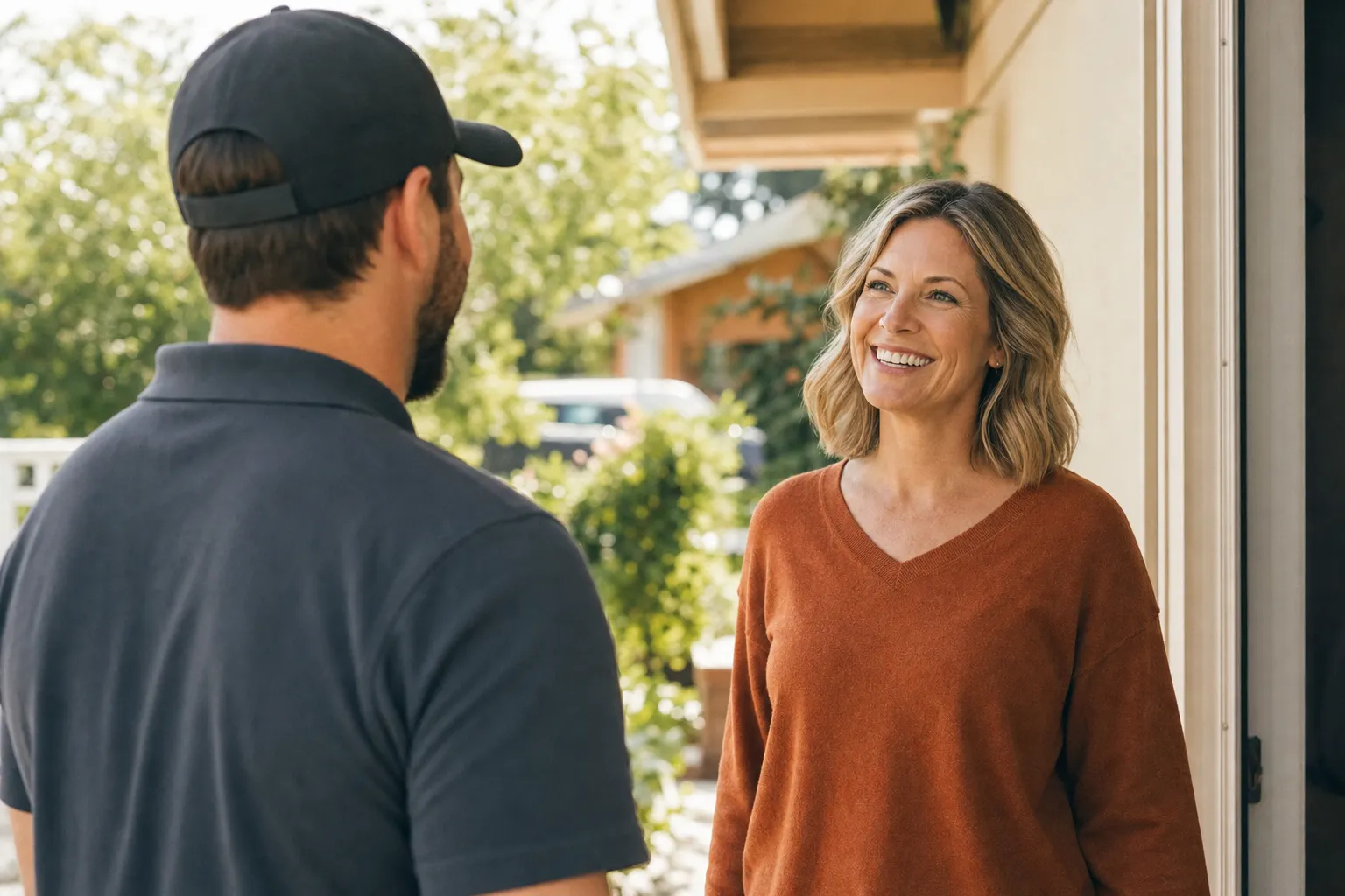 A home service professional greeting a homeowner at the front door of a suburban house