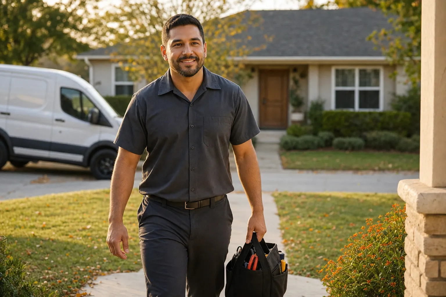 A home service technician walking up to a house carrying a toolbag in morning light