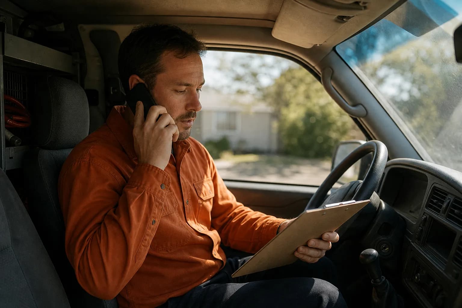 A home service technician taking a customer call from the cab of a service van