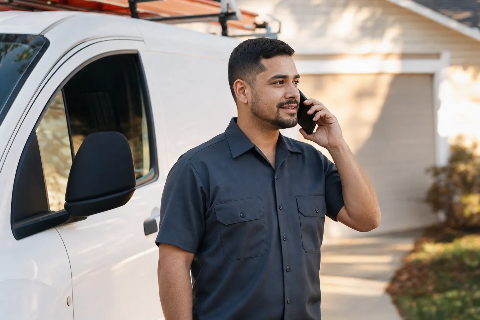 A home service technician answering a phone call beside a work van in a driveway
