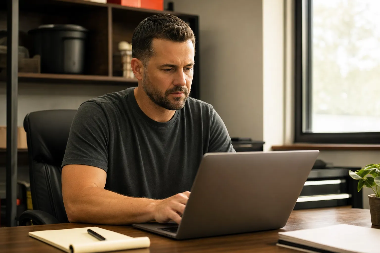 A home service business owner reviewing ad budget figures on a laptop at a desk