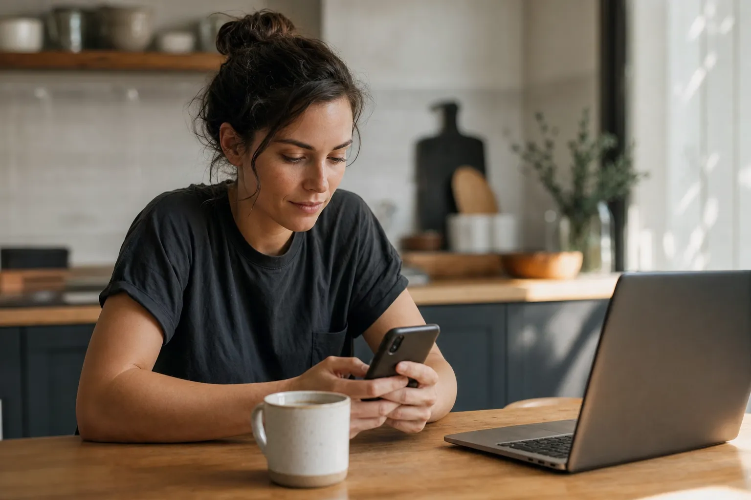 A homeowner scrolling social media on a phone at the kitchen table in morning light