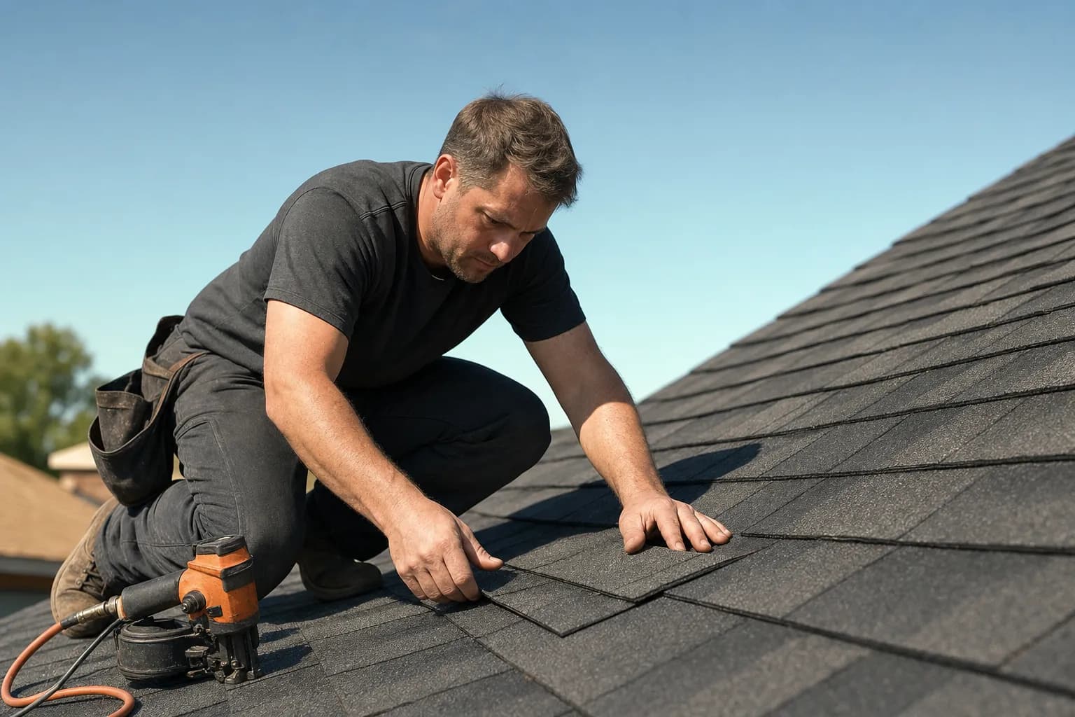 A roofing contractor installing asphalt shingles on a residential roof on a clear day