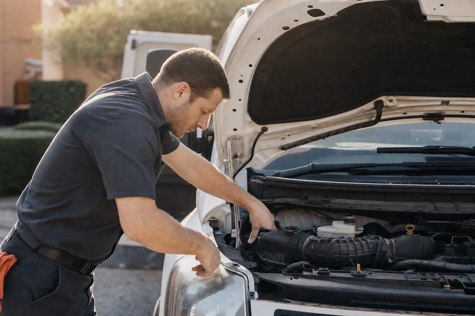 A home service technician inspecting a work vehicle in the morning light