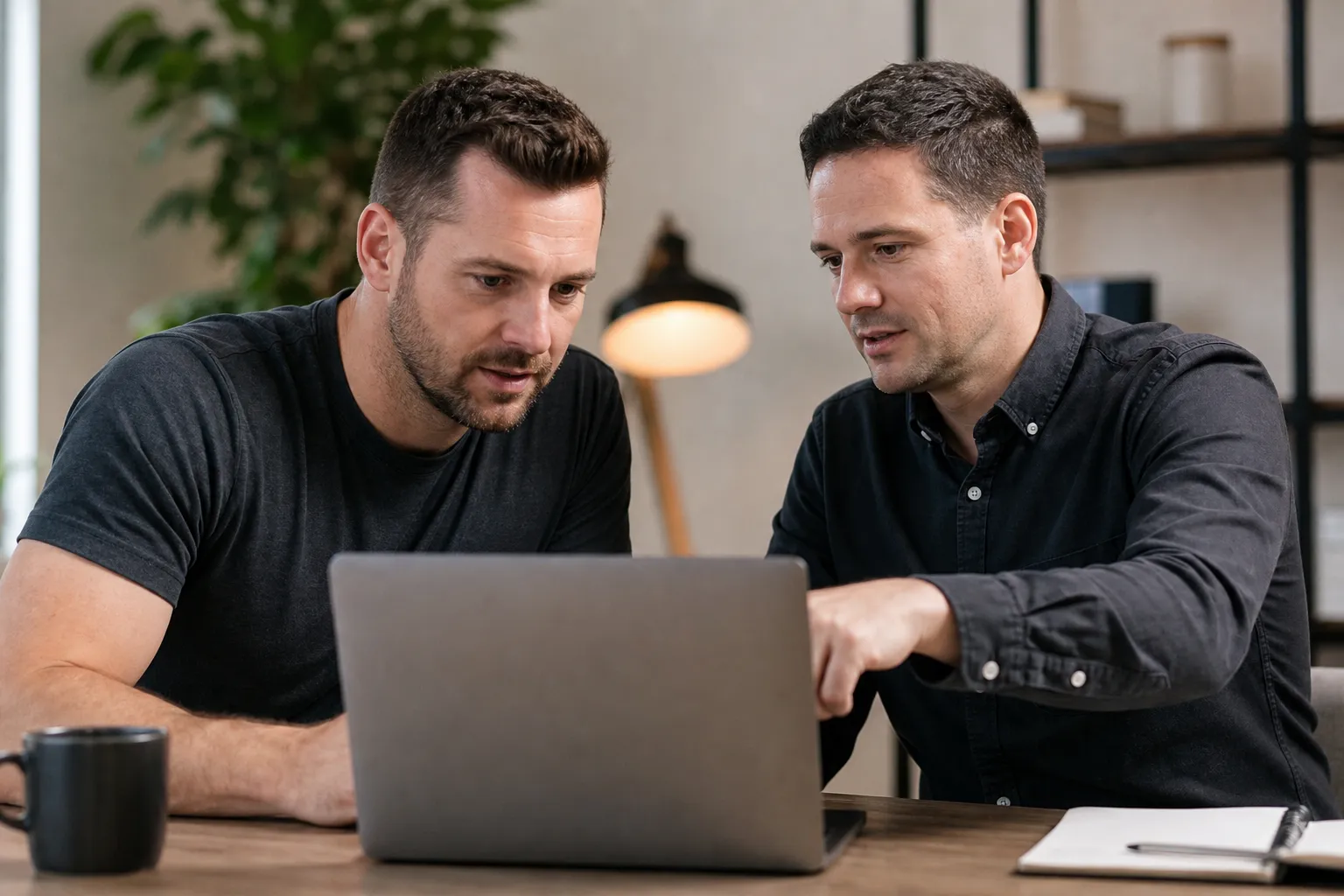 A home service business owner and a marketing advisor reviewing website performance on a laptop