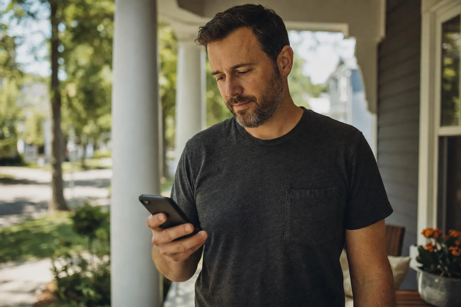 A homeowner searching for a local service business on a smartphone at home