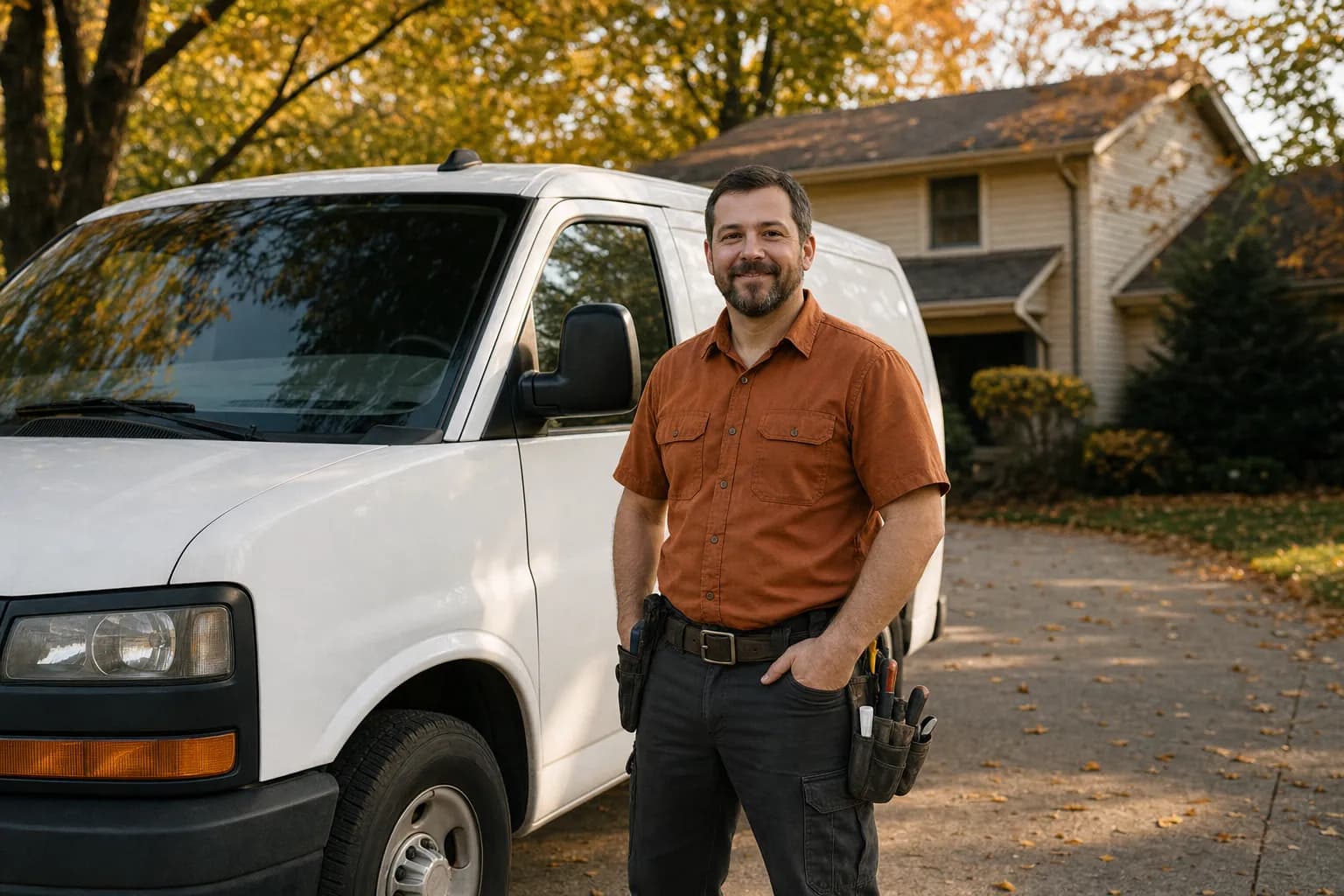 A home service technician standing beside a plain service van in a Northeast Ohio neighborhood driveway